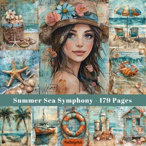 Página de diario Beach Junk, papel artesanal de playa, estilo shabby chic junto al mar azul, manualidades de playa, papel imprimible digital, mar, océano, álbum de recortes