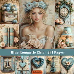 Azul romántico chic, página de diario basura, shabby chic, efímera de San Valentín, amor, romántico, flores, rosa, papel para álbumes de recortes