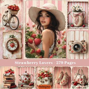 Amante de las fresas, Páginas de diario basura, Paquete de efímeras de fresas, Página de fresas vintage, Material para álbumes de recortes, Imagen imprimible, Papel digital