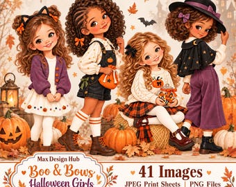 Boo & Bows Halloween Girls Clipart Bundle, 41 PNG Characters, Printable Paper Dolls, JPEG Fussy Cuts
