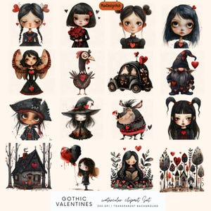 May include: A set of 12 digital watercolour illustrations featuring gothic Valentine's Day themes. The illustrations include a variety of characters, objects, and scenes, such as a witch, a pig, a gnome, a house, and a car. The illustrations are all in a dark and whimsical style, with a focus on red and black colours.
