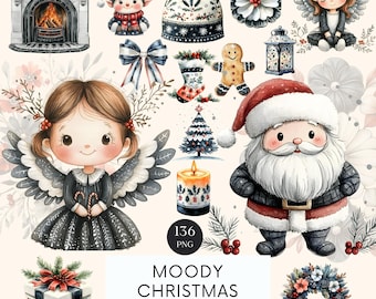 Moody Christmas Watercolor Clipart: Holiday PNG Graphics (Digital Download)