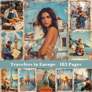 Vintage reisposter, afdrukbare pagina's voor ongewenste dagboeken, plakboek vakantiepapieren kit, collagevel, afdrukbare afbeelding, decor reizen huis
