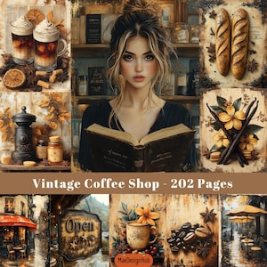 Cafetería antigua, página de diario basura, café imprimible, papel digital, imagen imprimible, efímera antigua, álbum de recortes, café, pastel, panadería
