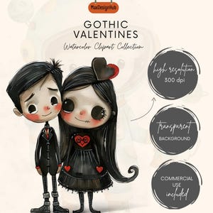 May include: A watercolour illustration of a gothic couple. The girl is wearing a black dress with a red heart and skull design. The boy is wearing a black suit with a white shirt. They are both smiling and holding hands. The image is set against a white background.