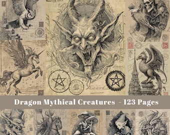 May include: A collection of black and white illustrations of mythical creatures, including a horned demon, owl, griffin, and unicorn. The artwork has a vintage style, with the text "Dragon Mythical Creatures - 123 Pages" displayed across the image.