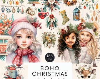 Boho Christmas Watercolor Clipart: Festive PNG Images (Digital Download)