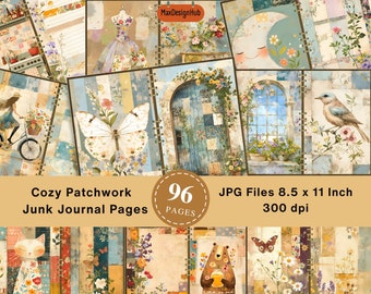 Könnte beinhalten: 96 digitale Seiten mit bunten Patchwork-Junk-Journal-Designs mit Schmetterlingen, Blumen, Fenstern, Türen und Tieren. JPG-Dateien sind 8,5 x 11 Zoll, 300 dpi.