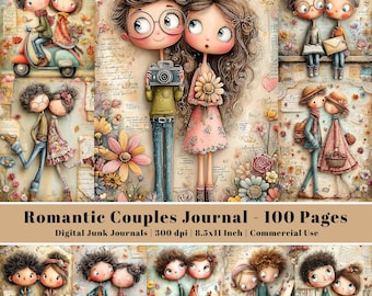 May include: A digital art collage featuring whimsical illustrations of romantic couples. The artwork includes couples on a scooter, walking, and holding hands, with floral and heart accents. The text "Romantic Couples Journal - 100 Pages" is visible.