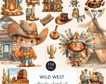 Clipart acquerello del selvaggio West: arte per la cameretta dei cowboy (download immediato)