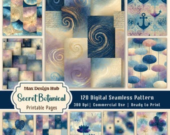 Secret Botanical Seamless Patterns, 120 Digital Papers, Blue Gold Background Bundle, Printable Scrapbook Paper