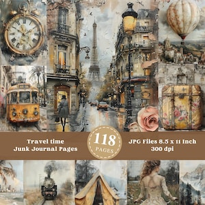 Páginas imprimibles de diario de viajes, maleta antigua, kit de papel para álbumes de recortes de vacaciones, hoja de collage, diario de viajes imprimible