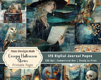 Creepy Stories for Halloween, Gothic Printable, Vintage Witch Scrapbook, Ghost Raven Skull, Dark Academia