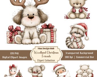 Woodland Christmas Friends Clipart, Holiday Animal PNG, Winter Forest Graphics, Festive Woodland, Sublimation Design