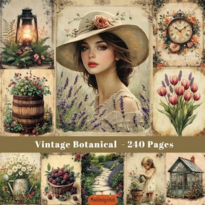 Impressions botaniques vintage, page de journal indésirable, botanique numérique, kit de papier de scrapbooking, impression florale, illustration de la nature, fourniture de scrapbooking