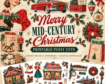 Merry Mid Century Christmas Fussy Cuts, Retro Holiday Ephemera, Printable JPEG Pages
