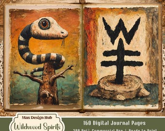 Wildwood Spirits Junk Journal Pages, Halloween Printable, Primitive Folk Art, Mystical Woodland Journal