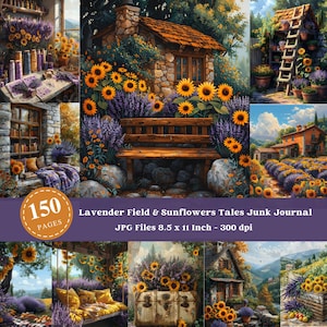 Lavender Field & Sunflowers Tales - Pages imprimables pour le journal indésirable, thème violet et jaune, pages florales, image imprimable, papier de scrapbooking