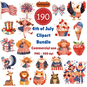 190 PNG 4th of July Clipart Bundle, Independence Day, Patriotic Watercolor ClipArt Bundle, Commercial Use, Independence USA America Day