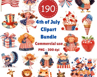 4 juli akvarell clipart-paket: Patriotisk PNG-grafik (kommersiellt bruk)