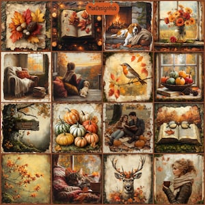 May include: A collage of autumn-themed images, including pumpkins, leaves, a fireplace, a cat, a deer, a book, a bird, and a couple reading. The images are arranged in a grid pattern and have a vintage aesthetic.