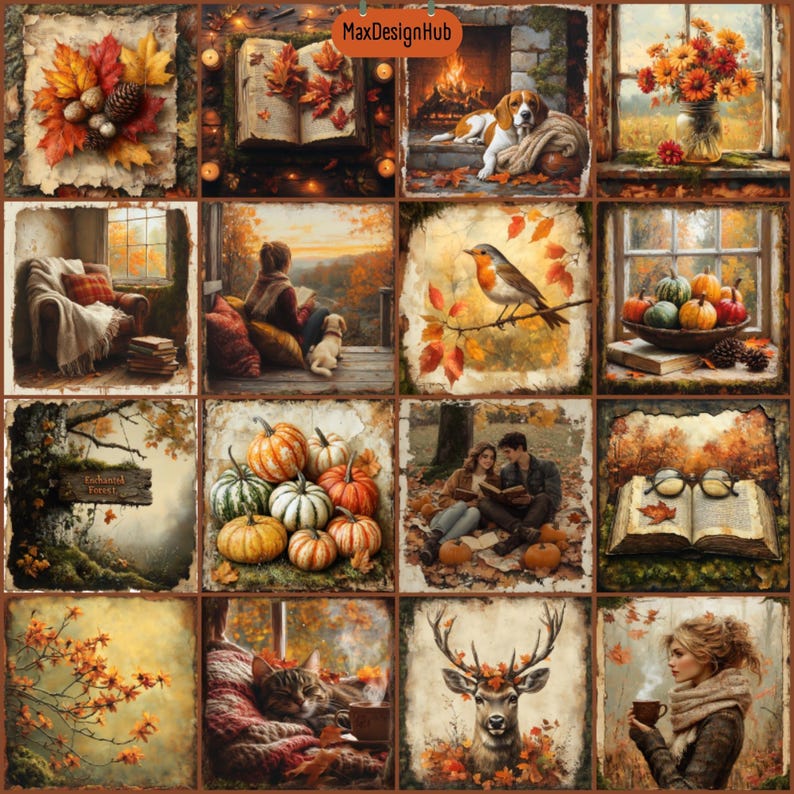 May include: A collage of autumn-themed images, including pumpkins, leaves, a fireplace, a cat, a deer, a book, a bird, and a couple reading. The images are arranged in a grid pattern and have a vintage aesthetic.