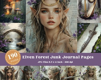 May include: A digital collage of 190 printable junk journal pages featuring an elven forest theme. The pages include images of fairies, mushrooms, a harp, a sword, a bridge, and flowers. The pages are 8.5 x 11 inches and 300 dpi.