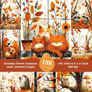 Pagina di diario stampabile con animali della foresta autunnale, kit per diario con animali del bosco autunnale, diario autunnale con oggetti ingombranti, foglio di collage digitale