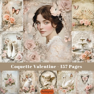 Coquette San Valentino, Pagina di diario spazzatura, San Valentino effimero, Cuore, Amore, Romantico, Carta vittoriana, Fiori, Rosa, Carta per scrapbooking