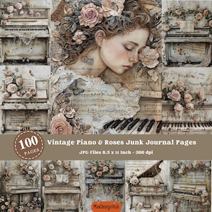 Pagine stampabili con musica vintage, pianoforte e rose, sottofondo musicale, foglio collage, scrapbooking, creazione di biglietti, diario di scarto, artigianato con note musicali