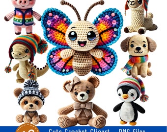 May include: A set of 42 cute crochet animal clipart images with transparent backgrounds. The set includes a pig, butterfly, llama, dog, dinosaur, teddy bear, and penguin. Each animal is crocheted in a variety of colors and has a friendly expression.