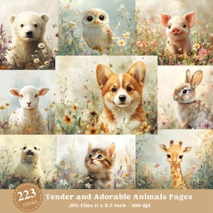 Adorable Animals, Printable Junk Journal, Cute Animals, Digital Paper, Printable Image, Floral Pages, Collage sheet, Scrapbook Paper
