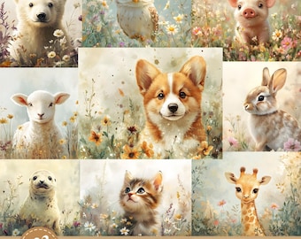 Op de afbeelding: Een set van 11 digitale printbare pagina's met schattige dieren in aquarelstijl. Elke pagina toont een ander dier, waaronder een ijsbeer, een uil, een varken, een lam, een zeehond, een kat, een giraffe en een konijn. De pagina's zijn perfect om een vleugje whimsy toe te voegen aan je interieur of om gepersonaliseerde cadeaus te maken.