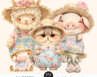 Clipart de animales de acuarela para baby shower: zorro, oso y conejo (descarga digital)