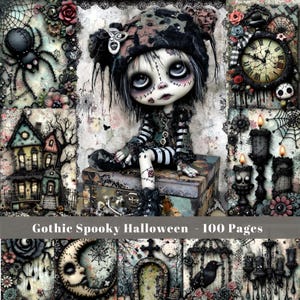 Könnte beinhalten: Eine Collage mit einer gotischen Puppe mit genähten Merkmalen, die auf einem Vintage-Koffer sitzt. Das Bild enthält eine Spinne, Spukhäuser, eine Uhr und Kerzen. Der Text "Gothic Spooky Halloween - 100 Seiten" wird angezeigt.