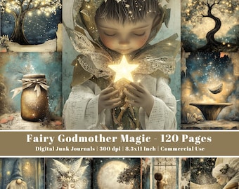 May include: A digital junk journal titled "Fairy Godmother Magic" with 120 pages. The image features a child holding a glowing star, surrounded by whimsical illustrations of trees, jars, and fairies. The journal is 8.5x11 inches and suitable for commercial use.