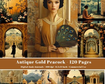 May include: Digital junk journal with an antique gold peacock theme. The image features a woman in a gold dress holding a peacock fan, surrounded by architectural and floral illustrations. The text reads "Antique Gold Peacock - 120 Pages".