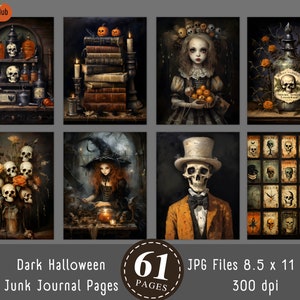 61 páginas de diário de Halloween, kit de papel para scrapbook digital de Halloween, imprimível gótico assustador, itens vintage, cartões de diário de Halloween
