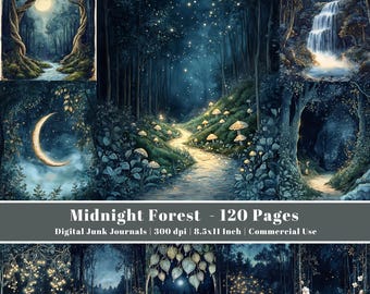 May include: A digital junk journal cover featuring a midnight forest theme. The image showcases various forest scenes with a crescent moon, a waterfall, and a path with mushrooms. The text reads "Midnight Forest - 120 Pages".