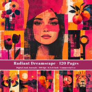 May include: A digital junk journal titled Radiant Dreamscape with 120 pages, 8.5x11 inches, and 300 dpi. The cover features a collage of a person, a skull with flowers, pomegranates, a key, a butterfly, a heart, a clock, and a lion in pink and orange.