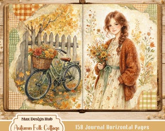 Autumn Folk Cottage Junk Journal, Fall Printable Vintage Scrapbook Backgrounds, Country Cottagecore, Horizontal Pages