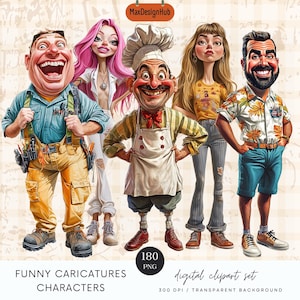 Clipart di caricature divertenti, design di personaggi di persone divertenti, carte digitali, forniture per album, kit di diario spazzatura, clipart PNG, download digitale