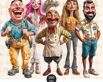 Funny Caricature Clipart: 180 PNG Character Designs (Digital Download)