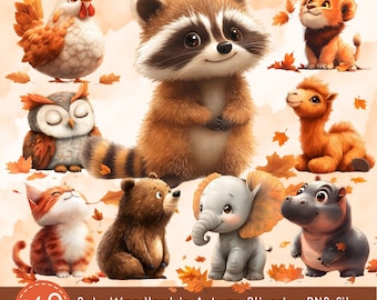 Op de afbeelding: Een set van 10 schattige illustraties van bosdieren in herfstkleuren. De dieren omvatten een wasbeer, een uil, een leeuw, een kameel, een beer, een olifant, een nijlpaard en een kat. De illustraties zijn perfect voor gebruik in digitaal scrapbooken, kaartmaken en andere knutselprojecten.