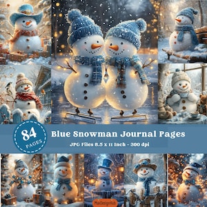 Blue Snowman Pages, Junk Journal, Festive Season, Scrapbook paper, Paper Craft, Winter Holidays, Winter Graphic, Xmas Image, Snow, Wreath