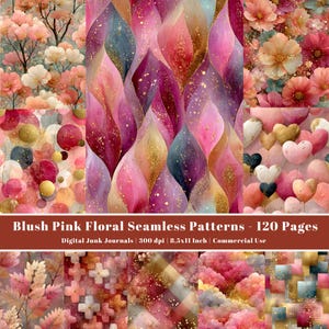 May include: A collection of blush pink floral seamless patterns. The patterns feature various designs, including flowers, abstract shapes, and geometric patterns. The color palette includes pink, gold, and other soft colors. The text on the image reads "Blush Pink Floral Seamless Patterns - 120 Pages".