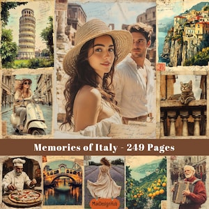 Italië ongewenste tijdschriftpagina's, vintage Italiaanse print, Italië reizen ephemera, pagina's Italiaans eten en mensen, scrapbookingpagina's, afdrukbare afbeelding