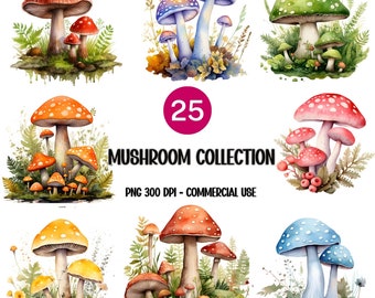 Set de imágenes prediseñadas de setas en acuarela: Bosque, naturaleza, PNG (descarga instantánea)