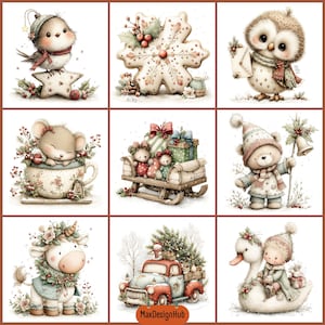 May include: A collection of nine illustrations featuring a bird on a star, a snowflake cookie, an owl with a letter, a mouse in a teacup, bears on a sled, a bear with a bell, a unicorn, a truck with a tree, and a child riding a swan.