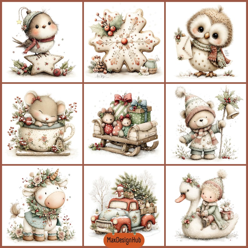 May include: A collection of nine illustrations featuring a bird on a star, a snowflake cookie, an owl with a letter, a mouse in a teacup, bears on a sled, a bear with a bell, a unicorn, a truck with a tree, and a child riding a swan.
